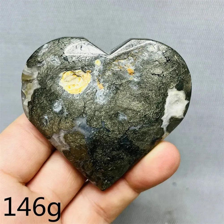 Chalcopyrite Agate geode heart by Crystal Destiny, with metallic rainbow iridescence and natural agate banding.