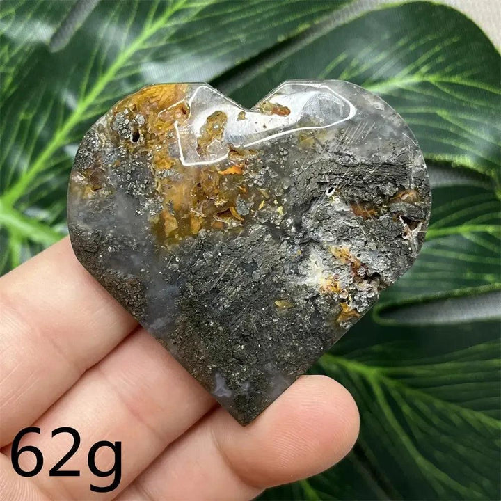 Chalcopyrite Agate geode heart by Crystal Destiny, showcasing metallic rainbow iridescence and druzy crystals.