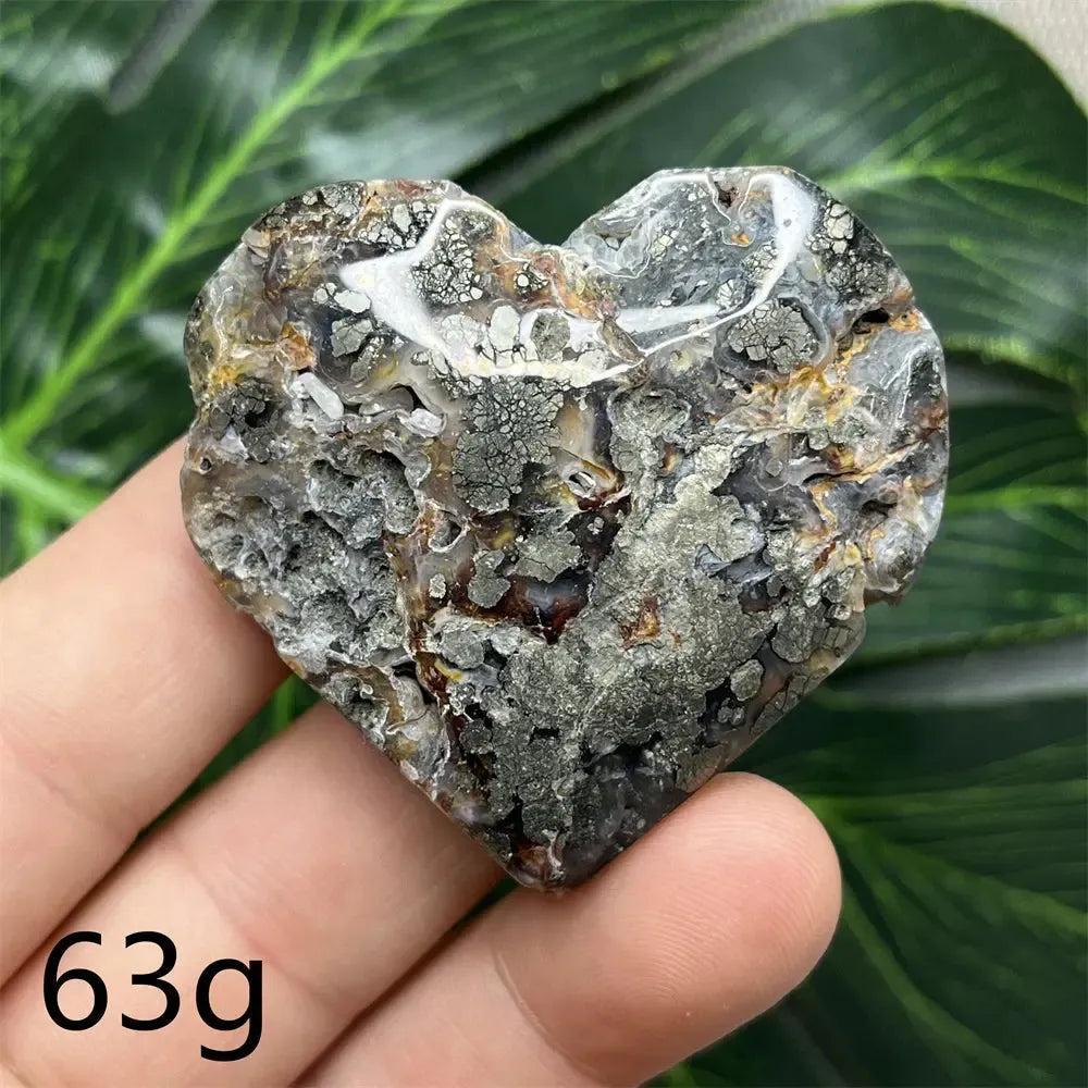 Chalcopyrite Agate geode heart by Crystal Destiny, with metallic rainbow iridescence and sparkling druzy crystals.