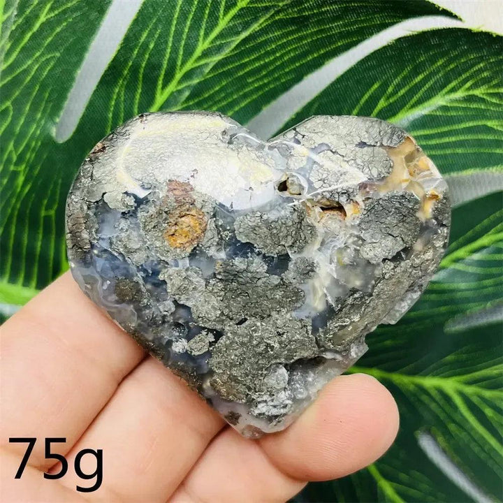 Chalcopyrite Agate geode heart by Crystal Destiny, showing metallic rainbow iridescence and druzy crystals.