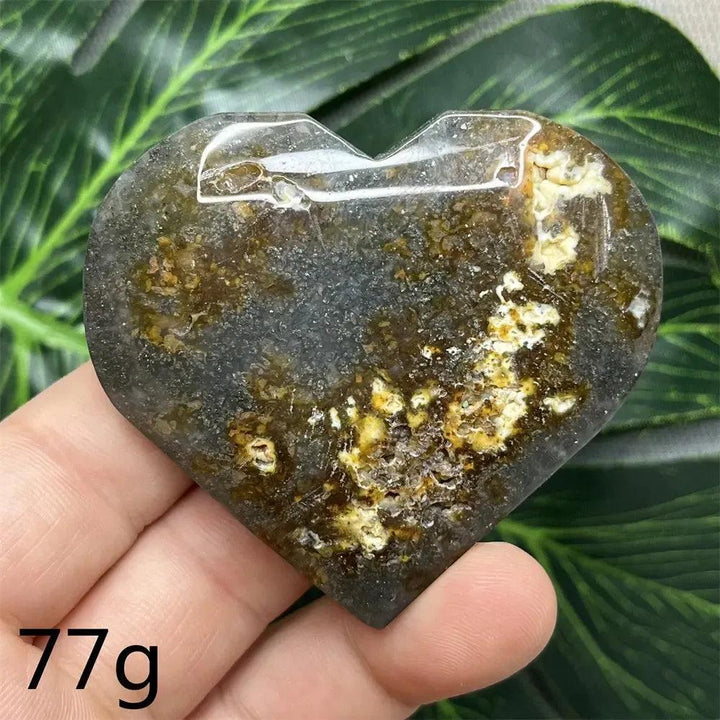Chalcopyrite Agate geode heart by Crystal Destiny, showing metallic rainbow iridescence and druzy crystals.