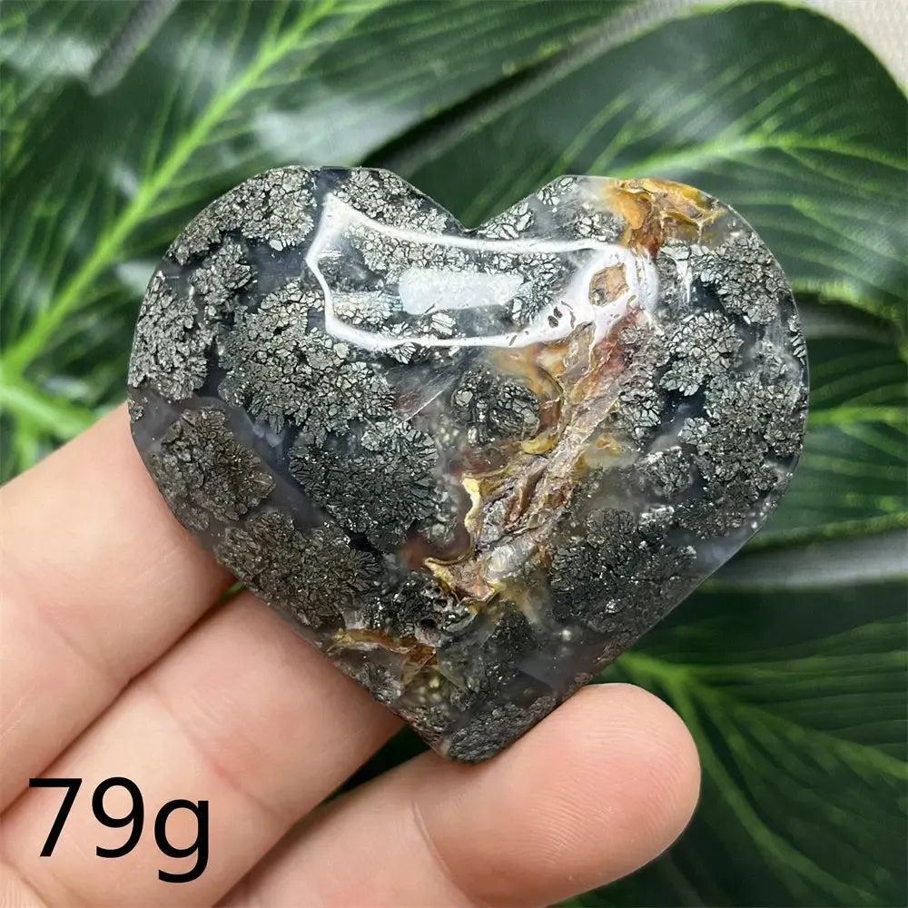 Chalcopyrite Agate geode heart by Crystal Destiny, showing metallic iridescence and druzy crystals.