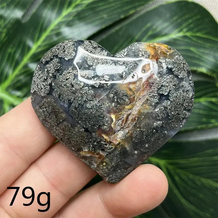 Chalcopyrite Agate geode heart by Crystal Destiny, showing metallic iridescence and druzy crystals.