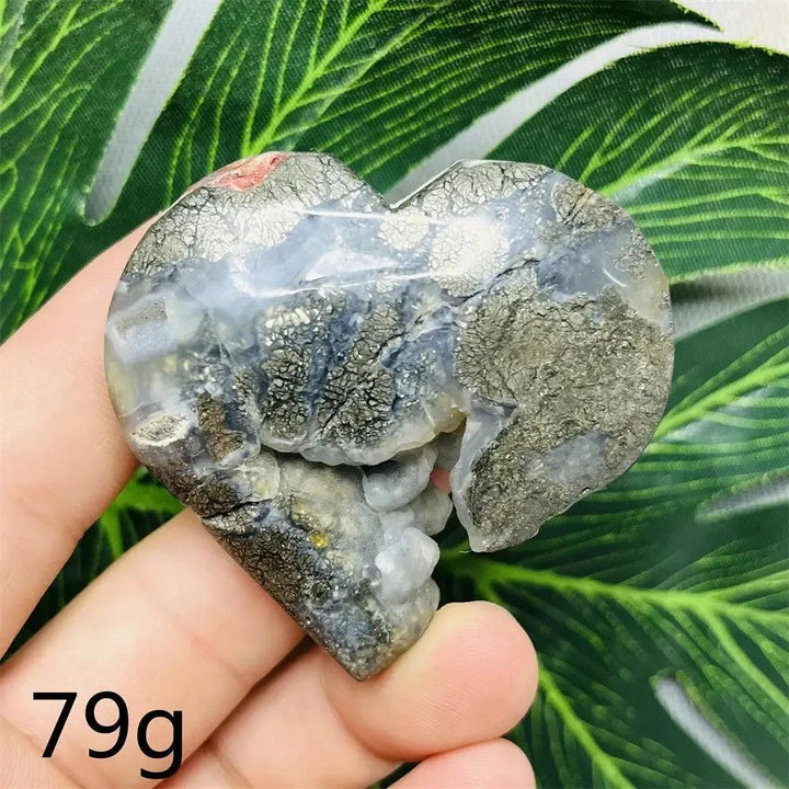 Chalcopyrite Agate geode heart by Crystal Destiny, showing metallic iridescence, druzy crystals, and agate banding.