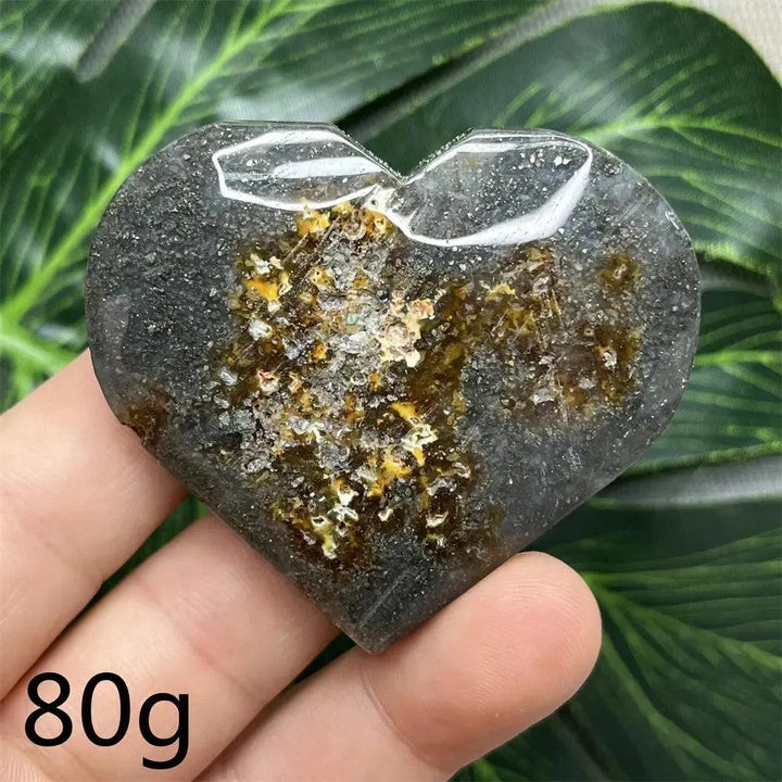 Chalcopyrite Agate geode heart from Crystal Destiny, featuring iridescent druzy crystals in a dark agate.