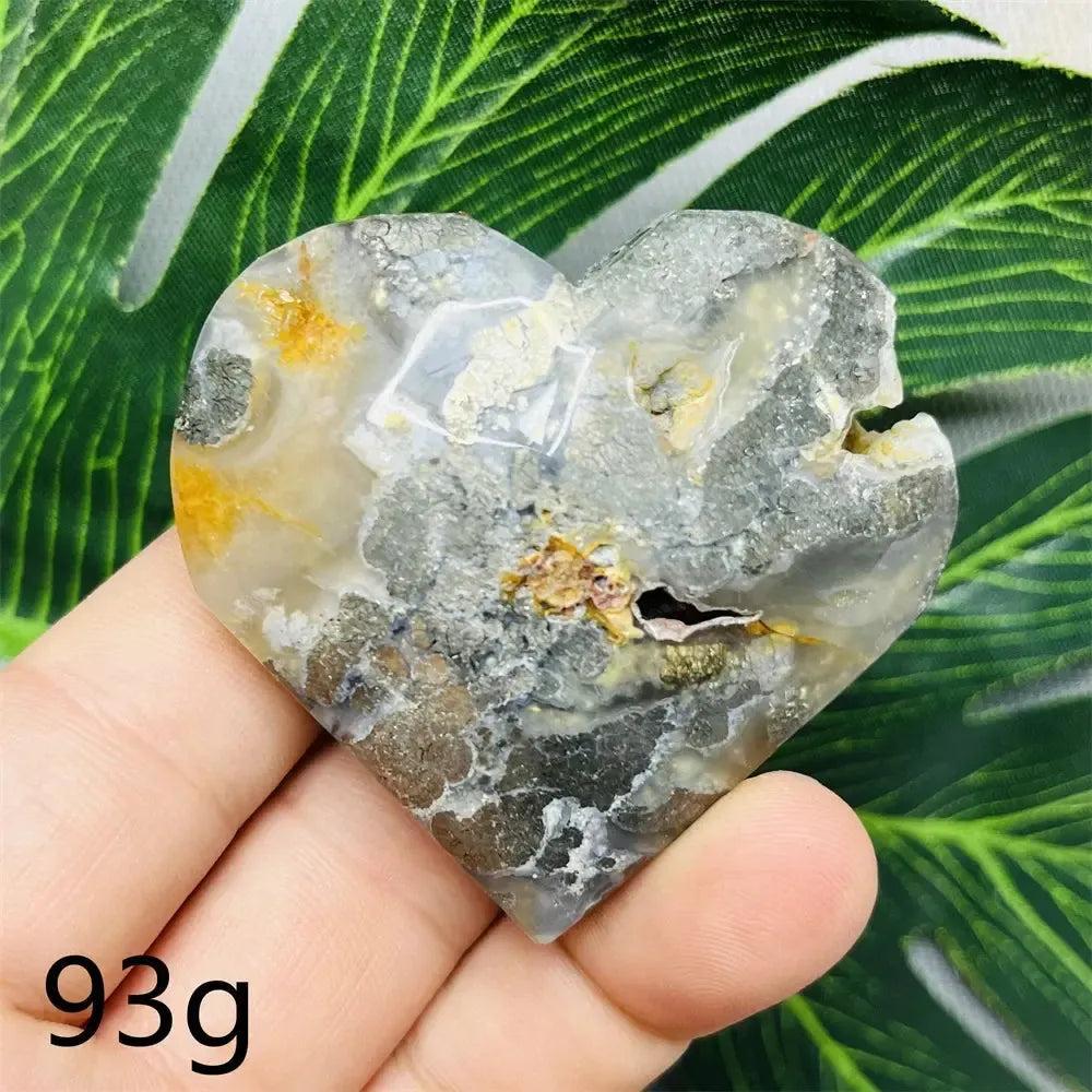 Chalcopyrite Agate geode heart by Crystal Destiny, with metallic rainbow iridescence, druzy crystals, and agate banding.