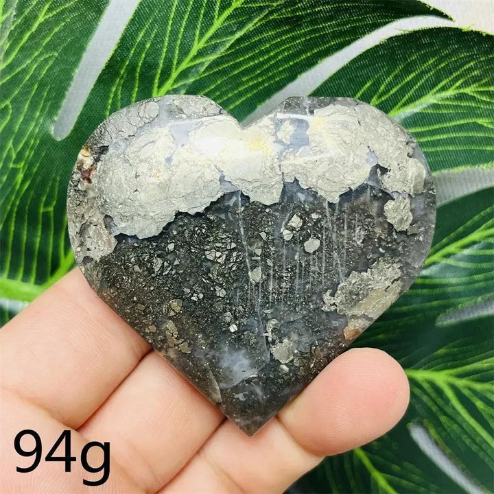 Chalcopyrite Agate geode heart by Crystal Destiny, with metallic rainbow iridescence and sparkling druzy crystals.