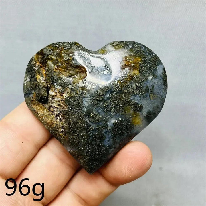 Chalcopyrite Agate geode heart by Crystal Destiny, showing metallic rainbow iridescence and druzy crystals.