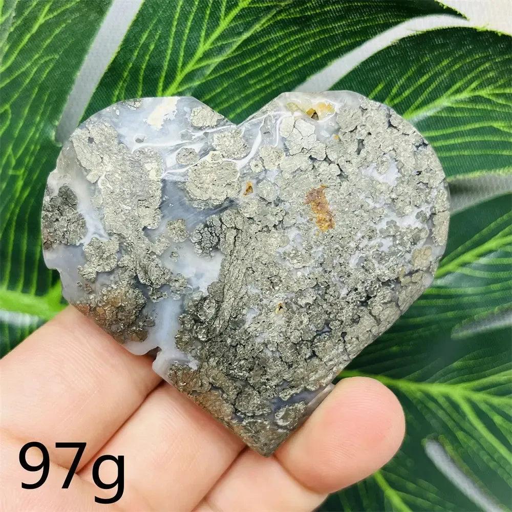 Chalcopyrite Agate geode heart by Crystal Destiny, showing metallic iridescence and natural banding.