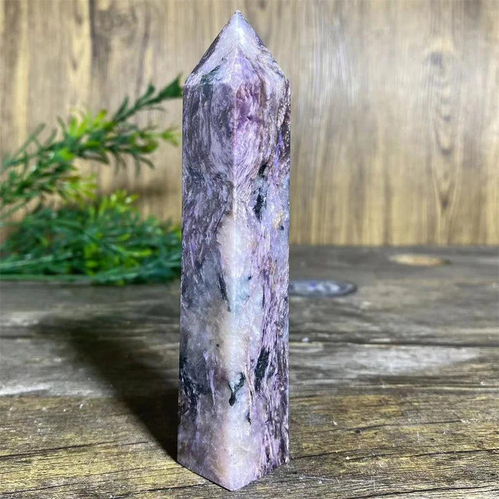 Polished Charoite Crystal Tower with swirling violet, white, and black patterns, a rare Siberian natural stone wand.