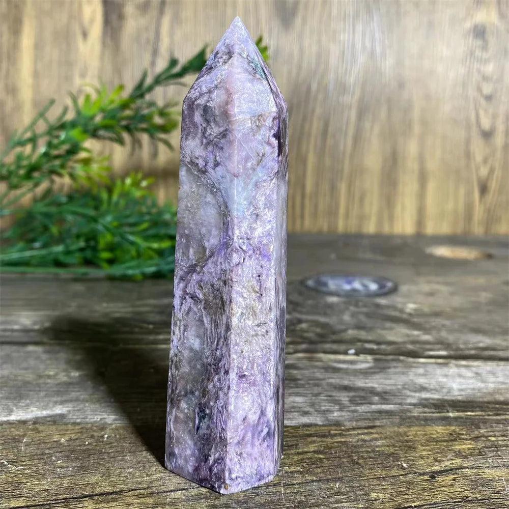 Charoite Crystal Tower: Deep, swirling violet natural stone wand with white and lavender threads, polished to focus energy.