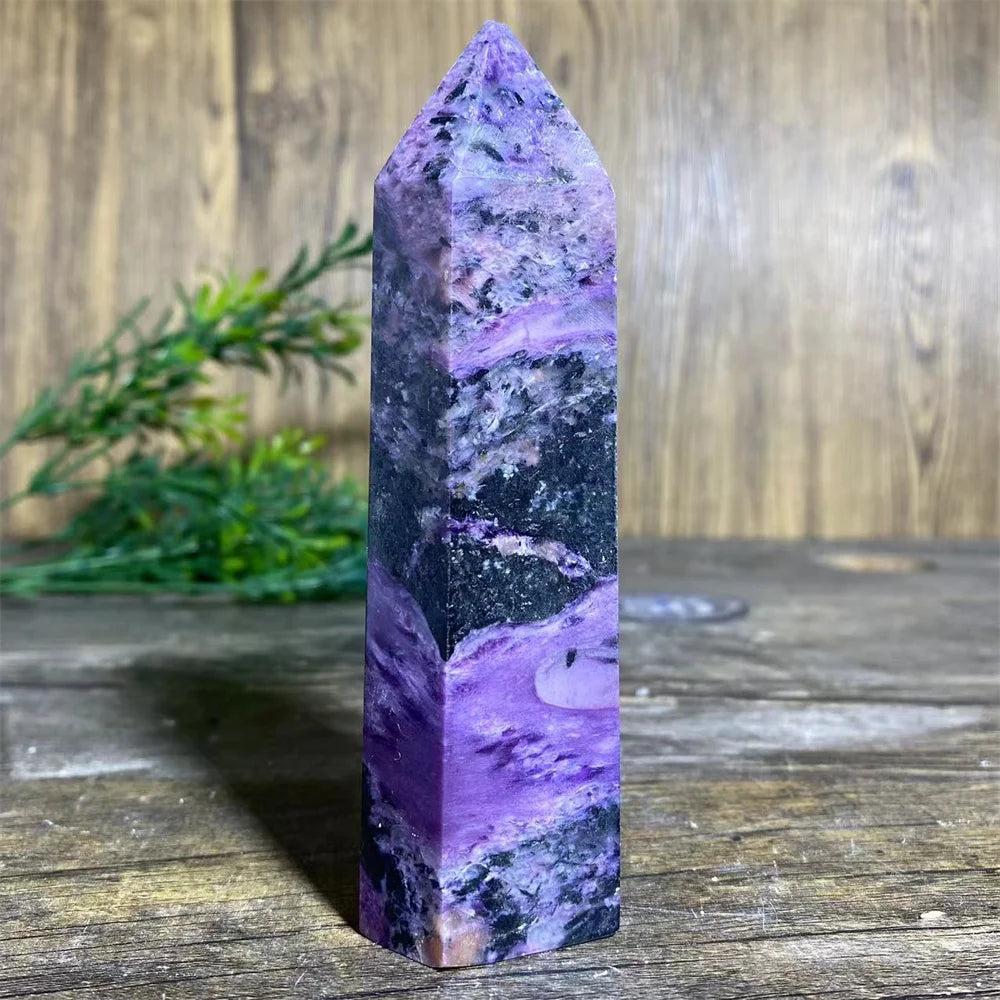 Charoite Crystal Tower: Deep swirling violet natural stone wand with white, black, and lavender patterns.