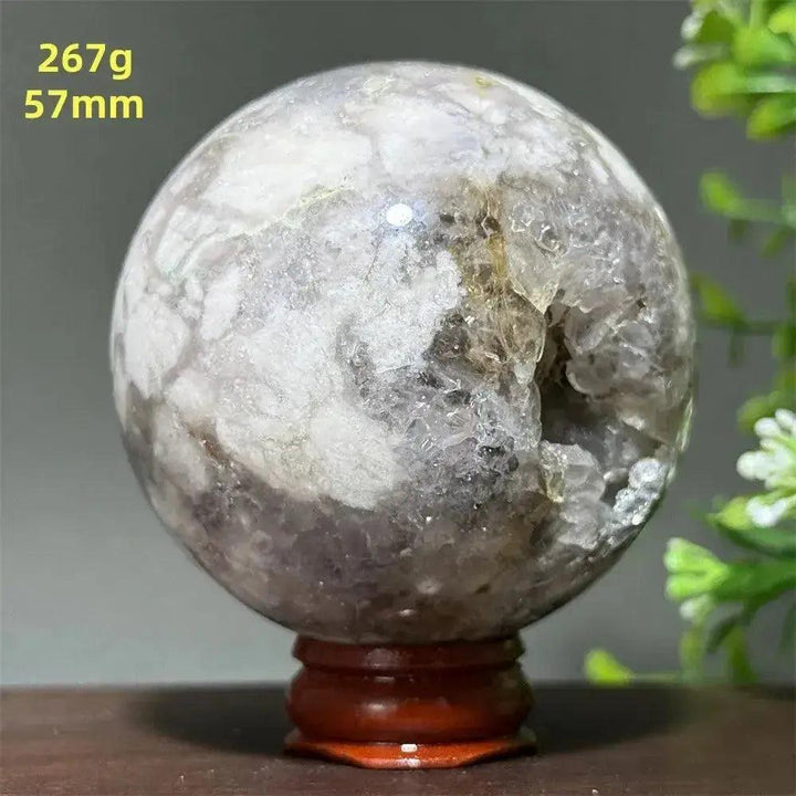 Cherry Agate Crystal Sphere, 57mm, 267g. Polished orb with natural red and pink hues, unique banding, and a base.