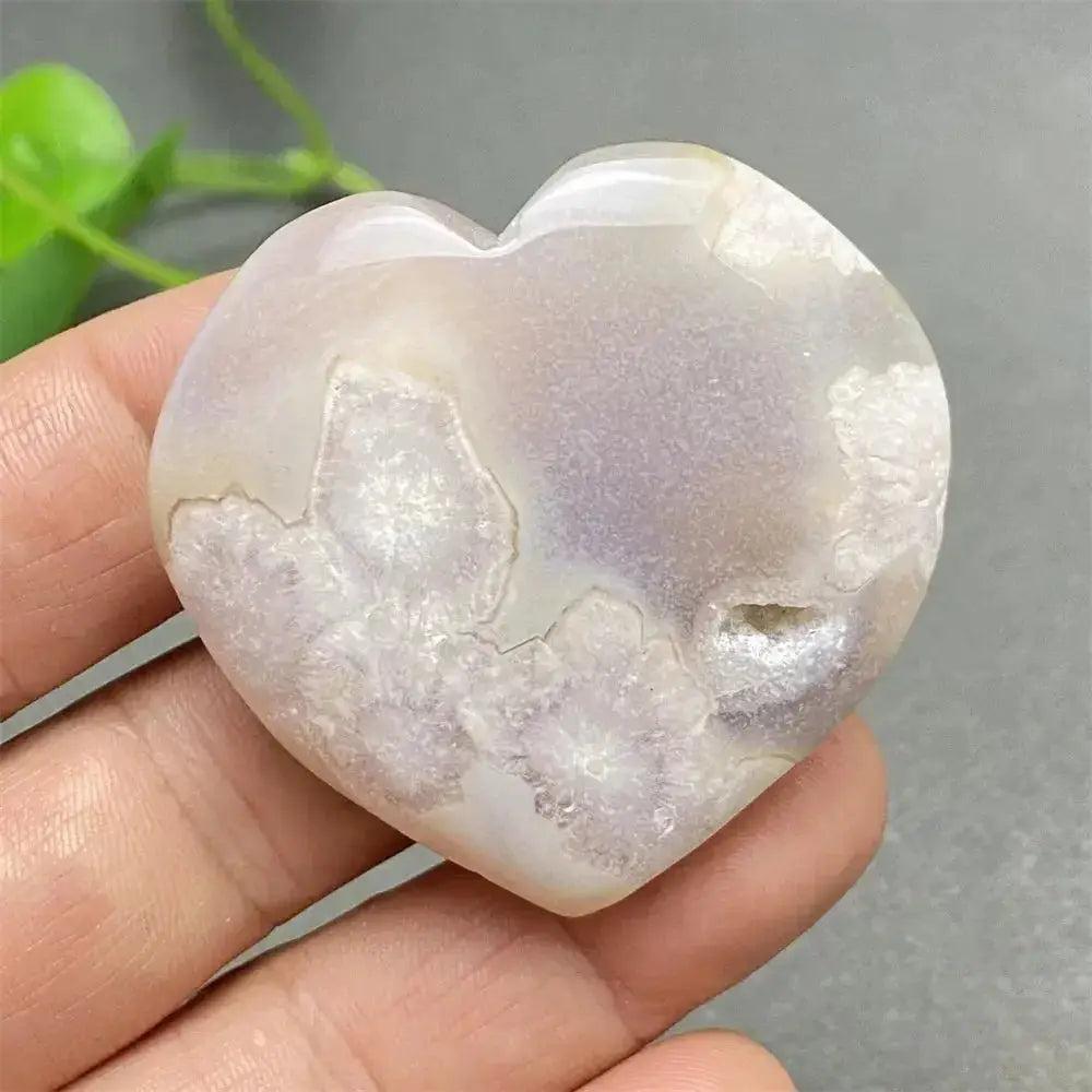 Cherry Blossom Agate Heart: Hand-polished, delicate pink and white heart with unique floral inclusions for emotional healing.