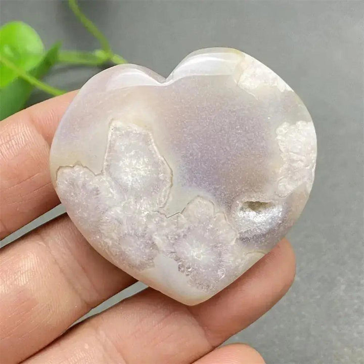 Cherry Blossom Agate Heart: Hand-polished, delicate pink and white heart with unique floral inclusions for emotional healing.