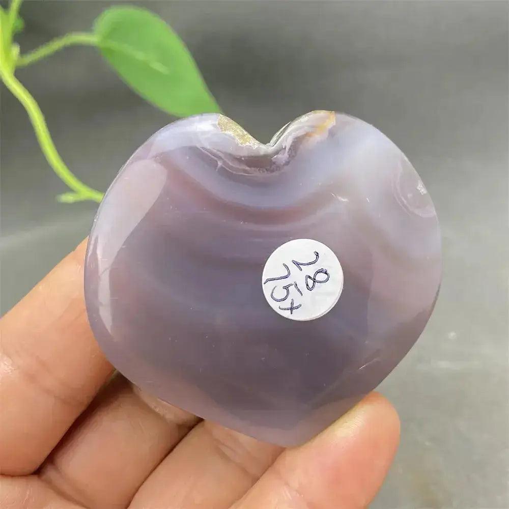 Cherry Blossom Agate Heart: Hand-polished, smooth, purple and white heart-shaped crystal for emotional healing.