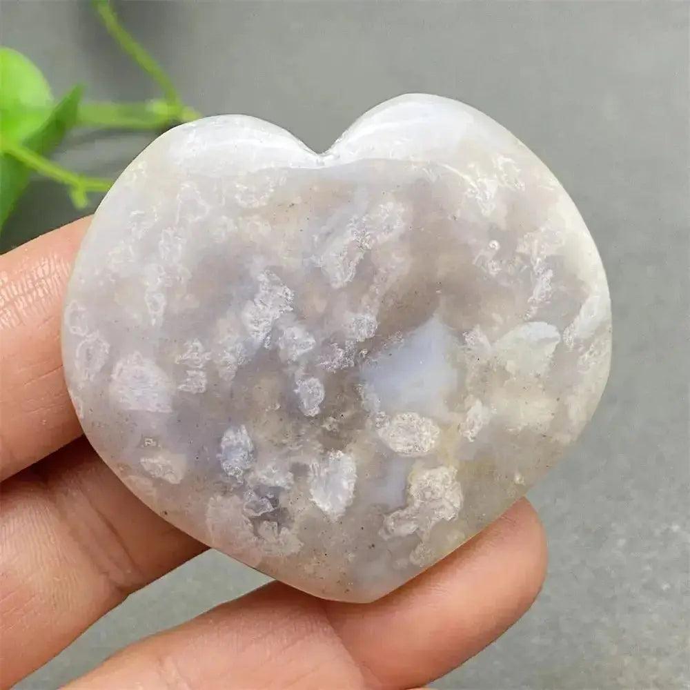 Cherry Blossom Agate Heart: Hand-polished, delicate pink and white stone with floral inclusions for emotional healing.