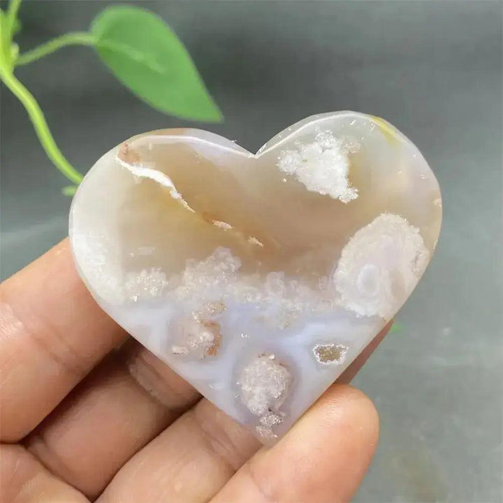 Cherry Blossom Agate Heart: Hand-polished, delicate pink and white stone heart for emotional healing and self-love.