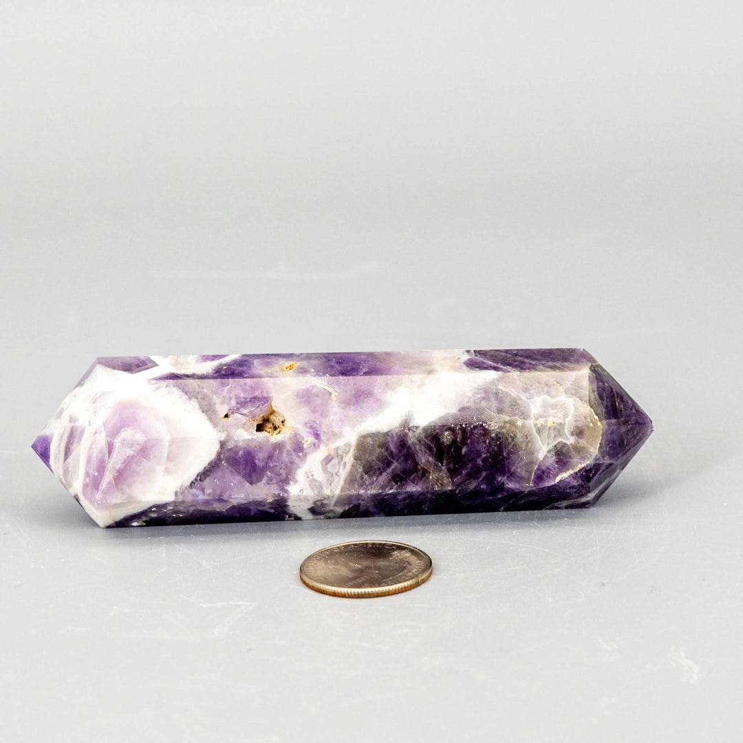 Chevron Amethyst Double Termination Point, a purple and white banded crystal for chakra balancing and intuition.