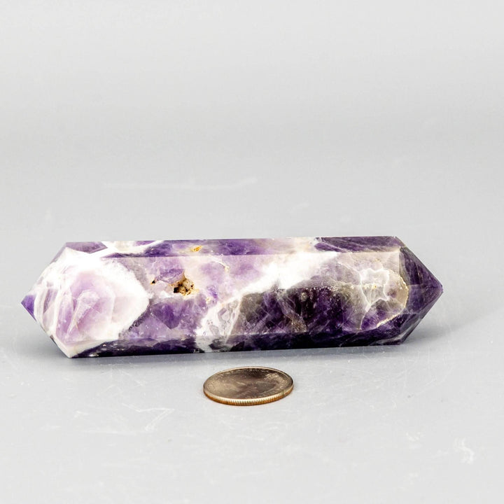 Chevron Amethyst Double Termination Point, a purple and white banded crystal for chakra balancing and intuition.