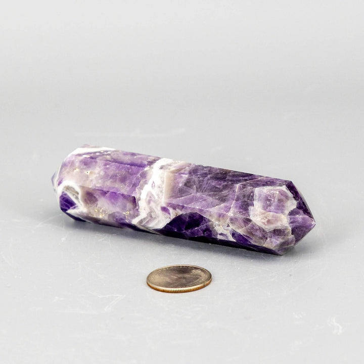 Chevron Amethyst Double Termination Point, a purple and white banded crystal for amplified intuition and calming energy.