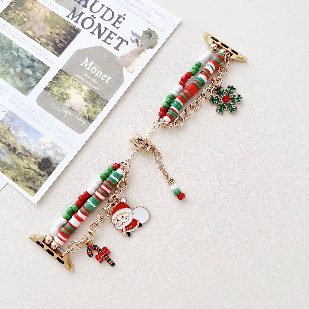 Festive Christmas Beaded Apple Watch Band with red, green, and white beads, Santa, snowflake, and candy cane charms.