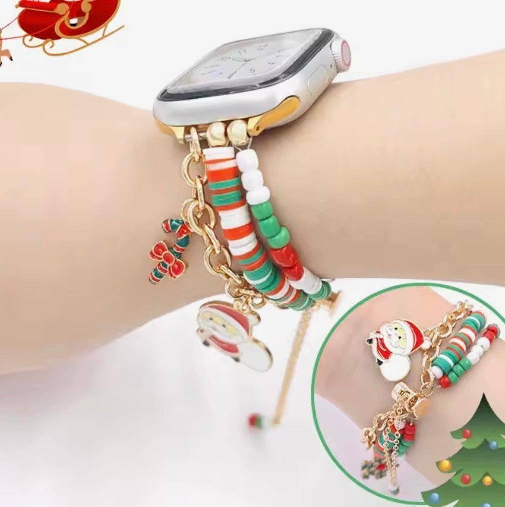 Festive Christmas Beaded Apple Watch Band with red, white, and green beads, Santa, and candy cane charms.
