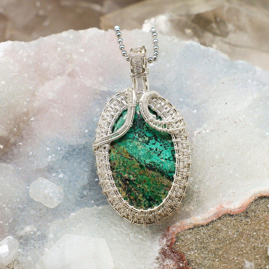 Healing Chrysocolla Wire Wrap Pendant, 2.65" oval stone in vibrant turquoise, teal, blue, and green, handcrafted in copper wire.
