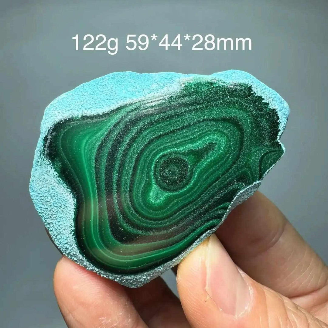 Polished Chrysocolla Malachite slab featuring vibrant green banded patterns and blue mineral edges for heart chakra healing.