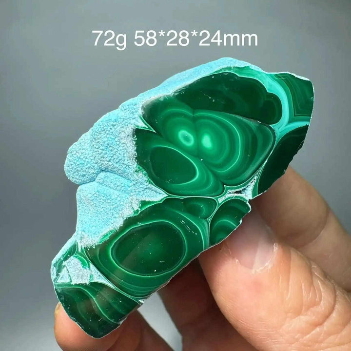 Polished Chrysocolla Malachite slab featuring vibrant blue and green banded patterns for heart and throat chakra healing.