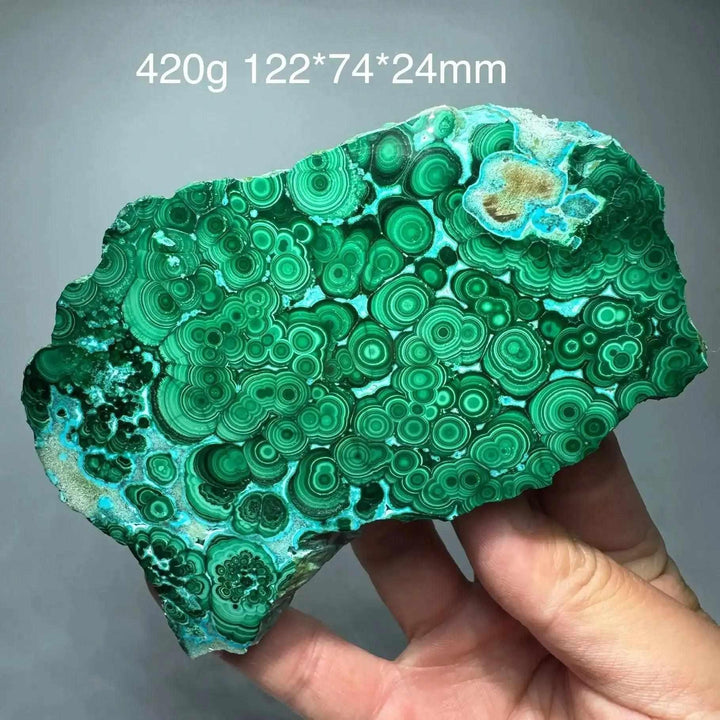 Polished Chrysocolla Malachite slab featuring vibrant green banded swirls and blue accents for heart and throat chakra.