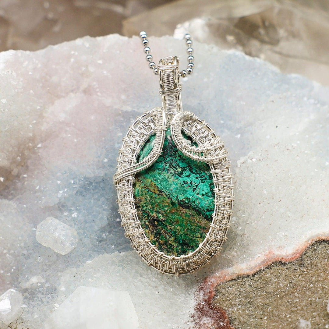 Crystal Destiny Chrysocolla wire wrap pendant, 2.65" oval teal and green stone in intricate silver wire.
