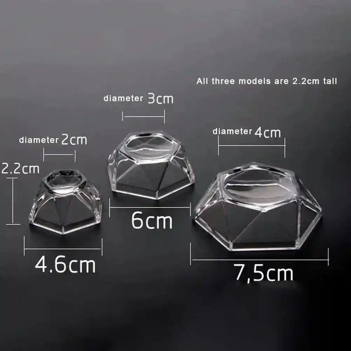 Clear acrylic crystal sphere display stand, hexagon-shaped, available in 3 sizes for elegant gemstone showcasing.