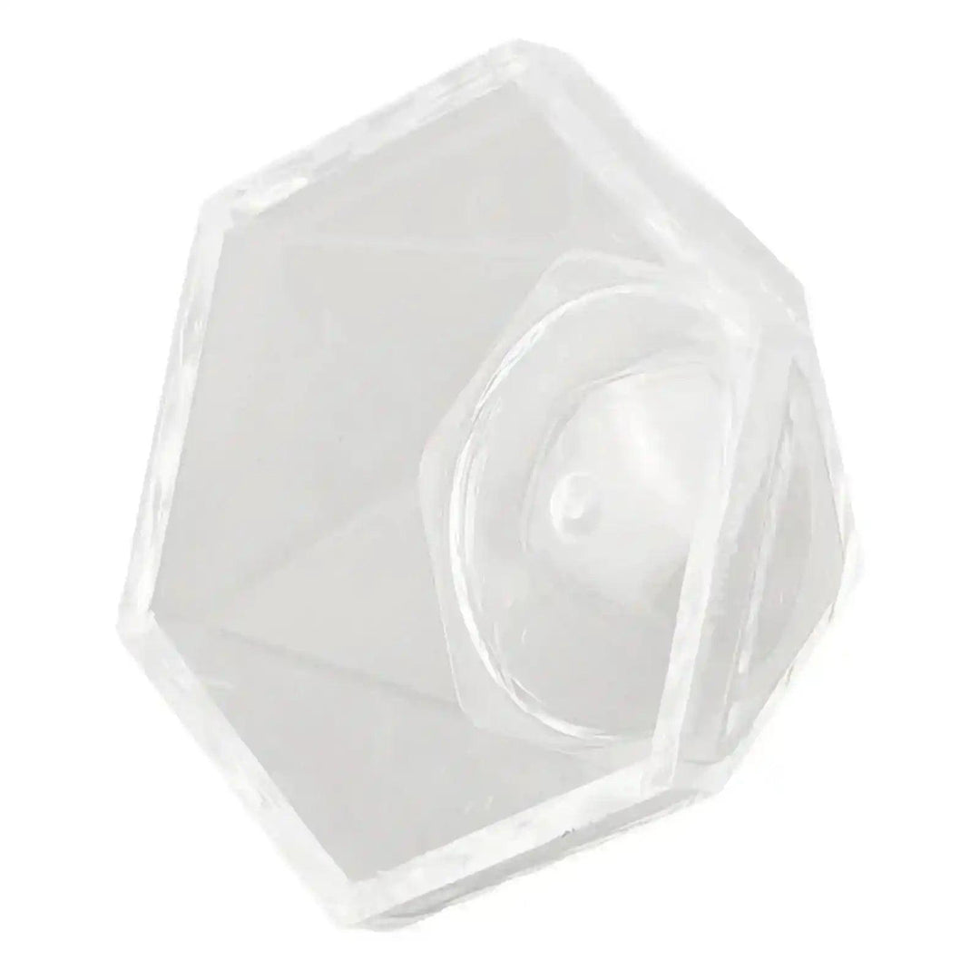 Clear acrylic hexagon display stand for crystal spheres, showcasing elegance and stability.