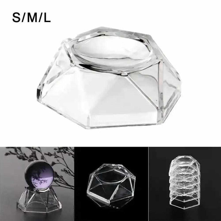Clear Acrylic Crystal Sphere Display Stand Hexagon, showcasing a floating crystal sphere.
