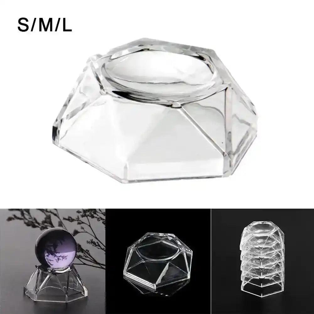 Clear acrylic hexagon display stand for crystal spheres, gemstones, or decorative balls.