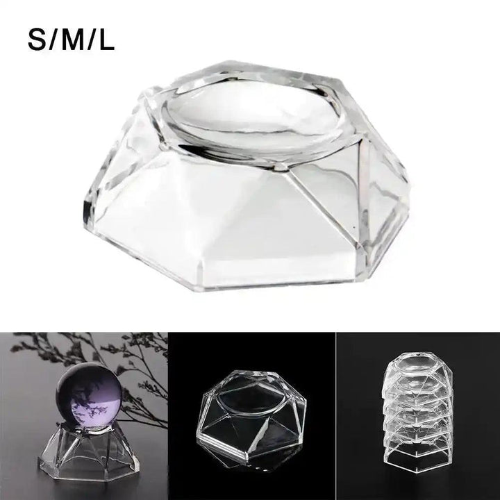 Clear acrylic hexagon display stand for crystal spheres, gemstones, or decorative balls.