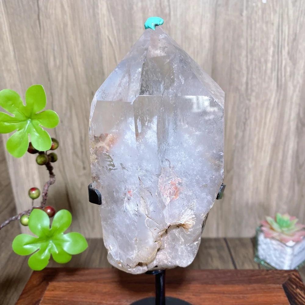 Commanding Clear Fat Quartz Crystal Tower, 240mm, with raw natural clarity and display stand.