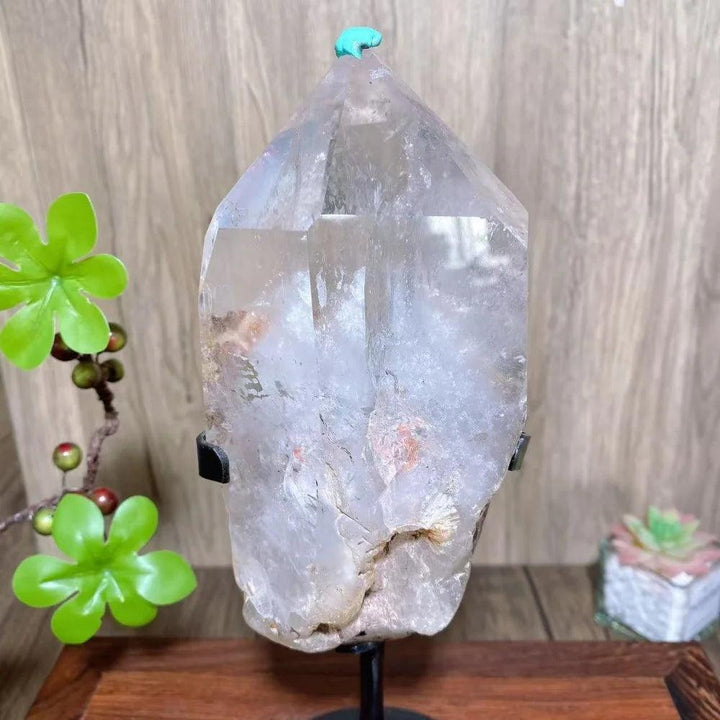 Commanding Clear Fat Quartz Crystal Tower, 240mm tall, raw natural formation, with display stand.