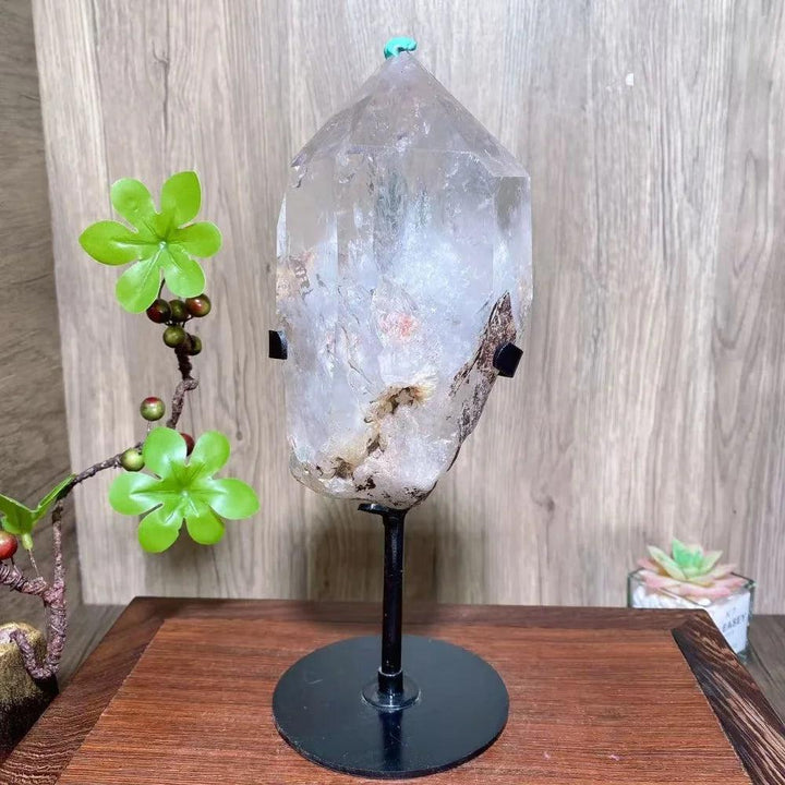 Commanding Clear Fat Quartz Crystal Tower, 240mm, on a display stand, radiating healing energy.