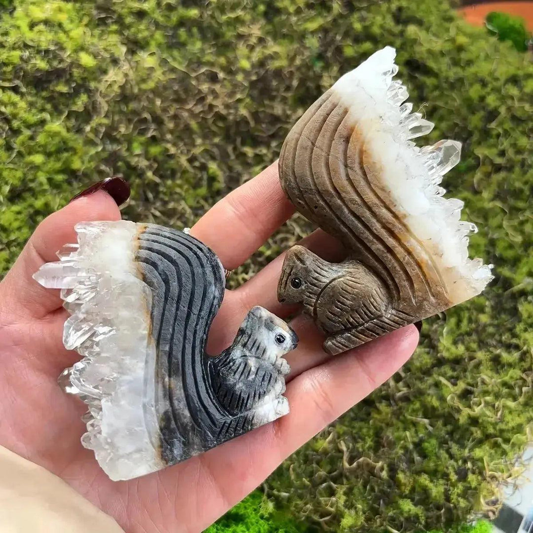 Clear Quartz Crystal Cluster Squirrel Carving