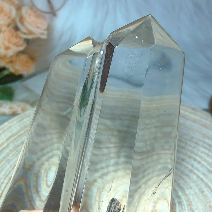 Clear Quartz double mountain tower, raw and unpolished, with two distinct peaks for healing and manifestation.