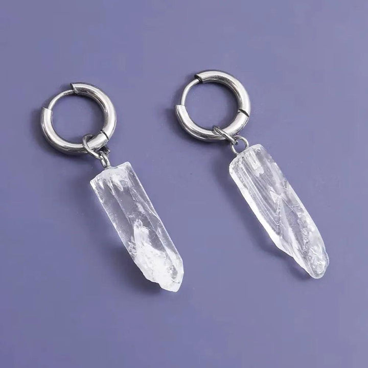 Clear Quartz Crystal Earrings with irregular pillar charms and silver hoops, perfect for DIY jewelry making.