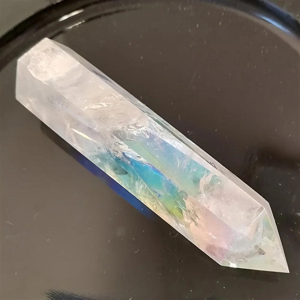 Iridescent electroplated clear quartz crystal tower with healing bohemian style.