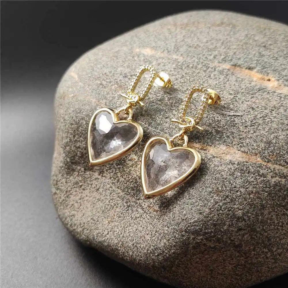 FUWO Handcraft Natural Clear Quartz Heart Shaped Faceted Crystal Earrings, gold-toned copper, for women.