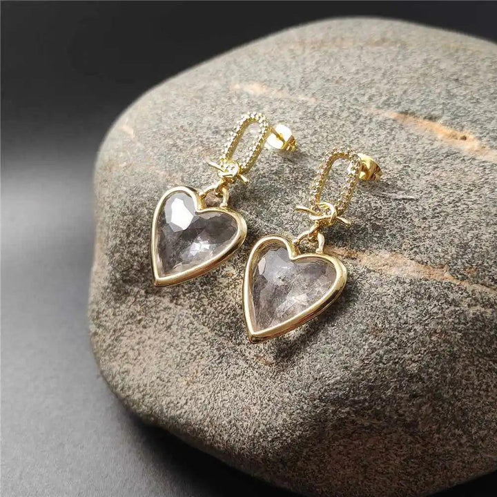 FUWO Handcraft Natural Clear Quartz Heart Shaped Faceted Crystal Earrings, gold-toned copper, for women.
