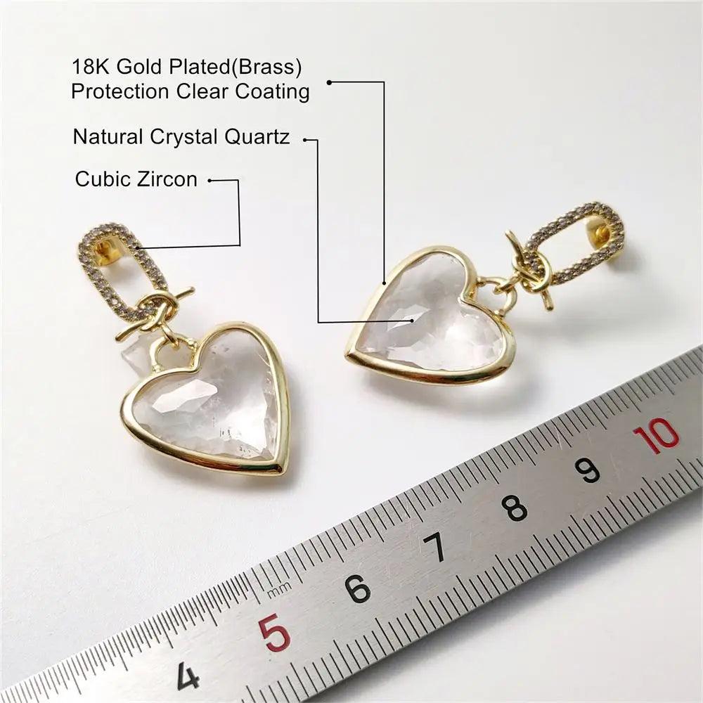 FUWO Handcraft Natural Clear Quartz Heart Shaped Faceted Crystal Earrings with 18K Gold Plated Brass and Cubic Zircon.