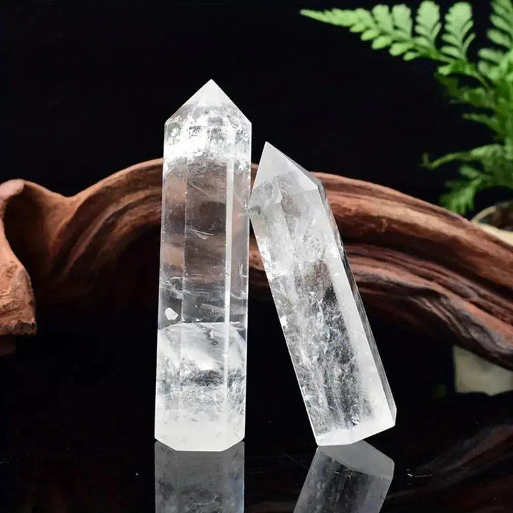 Luminous Clear Quartz Hexagonal Crystal Towers, polished natural obelisks amplifying energy and promoting clarity.