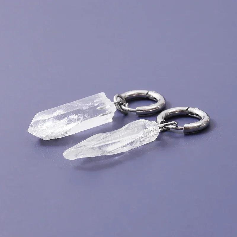 Clear Quartz Crystal Earrings with irregular, raw crystal pillar charms and silver hoop findings, perfect for DIY jewelry.