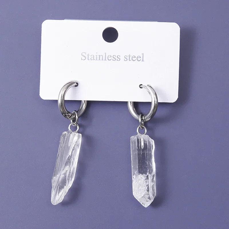 Clear Quartz Crystal Earrings with irregular, raw crystal pillar charms on silver-tone stainless steel hoops.